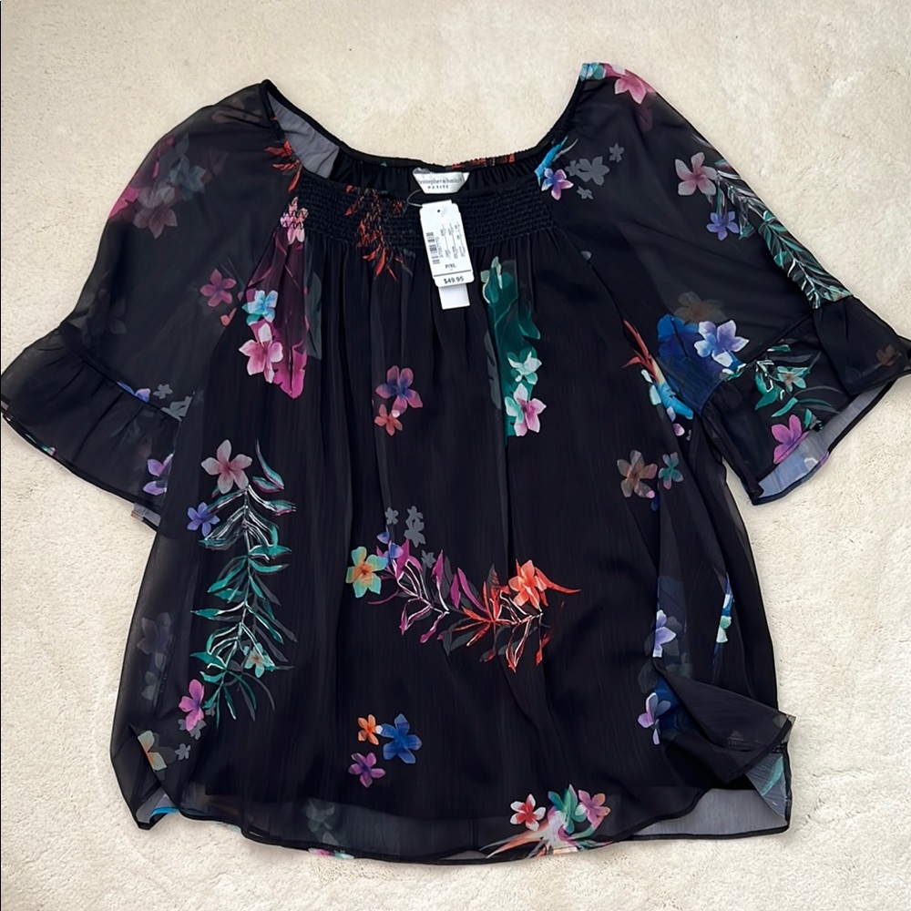 Christopher & Banks Black Floral Sheer Blouse